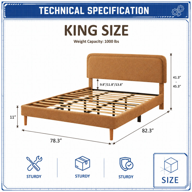 Très grande base de lit tapissier avec tête de lit réglable en hauteur, structure de support en acier, sommier à lattes en bois, base de matelas silencieuse
