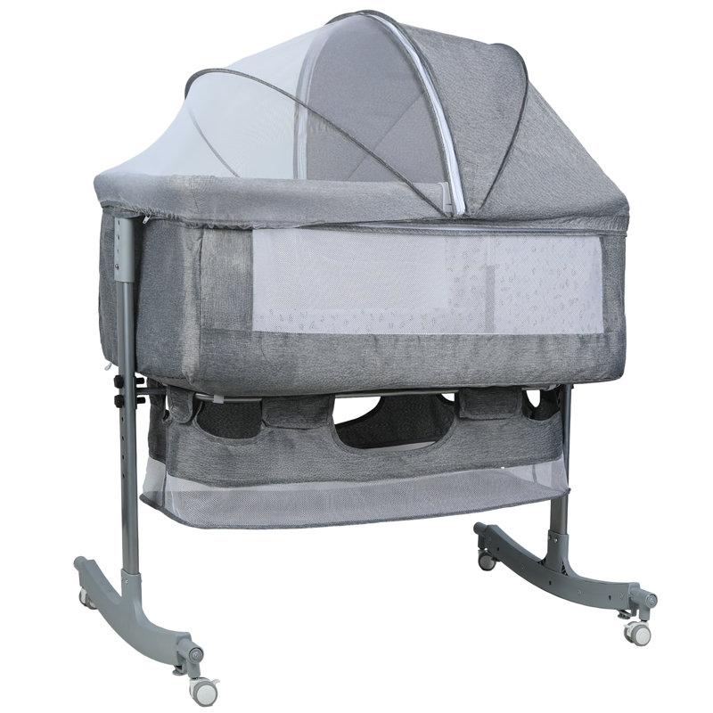 Lit de chevet pour bébé 3 en 1, lit de bébé pour lit de bébé, réglable avec roulettes, panier de rangement, matelas, berceau portable pliable facile à assembler (gris)