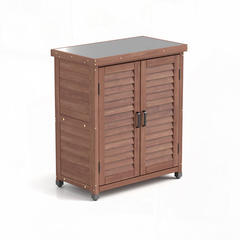 Banc de rempotage avec armoire de rangement et plateau de table en métal pour patio extérieur, Brun
