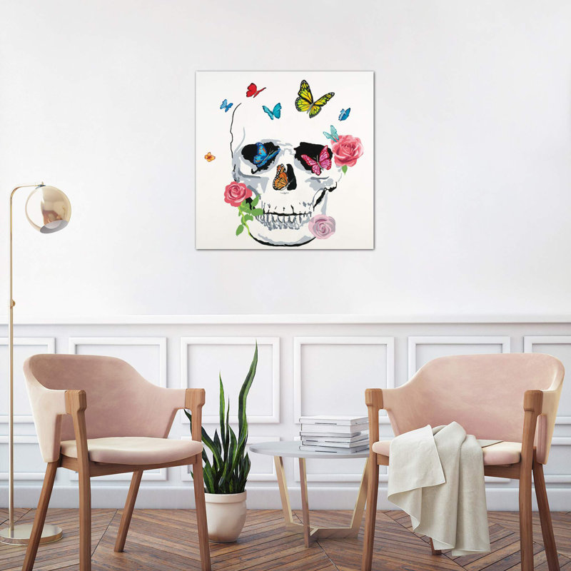 Butterfly Flower Skull - Wrapped Canvas Painting, 66.04 cm H x 66.04 cm W x 1.91 cm D