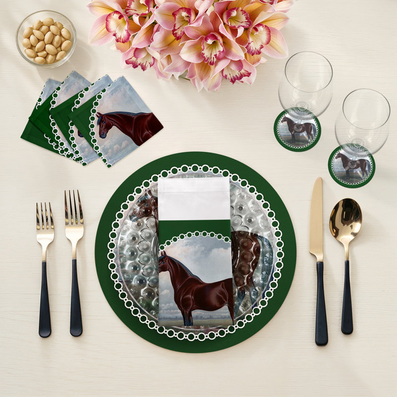 English Thoroghbred Vegan Leather Round Pebble Placemat, Green