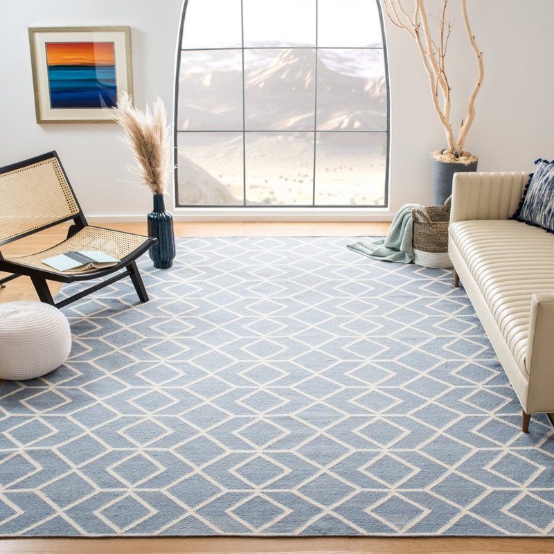 Rodgers Hand Woven Flat Weave Wool/Cotton Geometric Rug in Blue/Ivory, Rectangle 5' x 8'