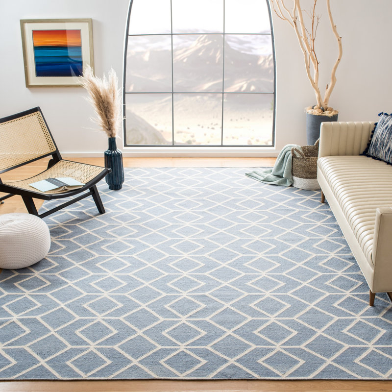Tapis géométrique en laine / coton tissé à la main Rodgers - bleu / ivoire, Rectangle 6 pi x 9 pi