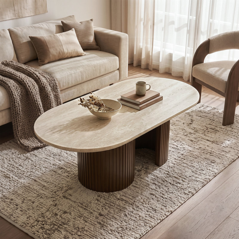 Table basse ovale en pierre véritable Luca, Beige Genuine Travertine