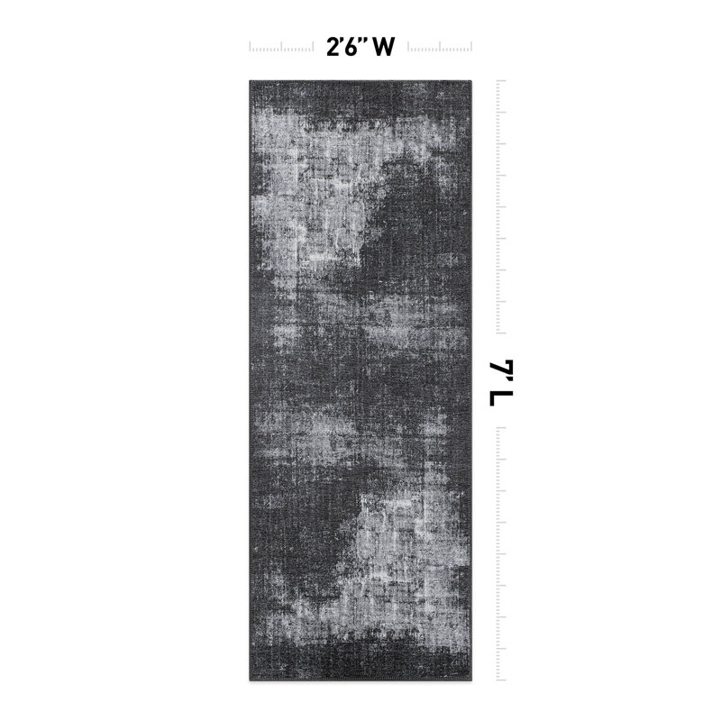 Tapis noir / gris à motif abstrait lavable à la machine Priebe, Tapis de couloir 2 pi 6 po x 7 pi