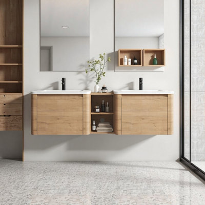 Meuble-lavabo flottant moderne avec lavabo en céramique et tablettes de rangement - Conception compacte, porte à fermeture en douceur, contreplaqué écologique, élégance murale