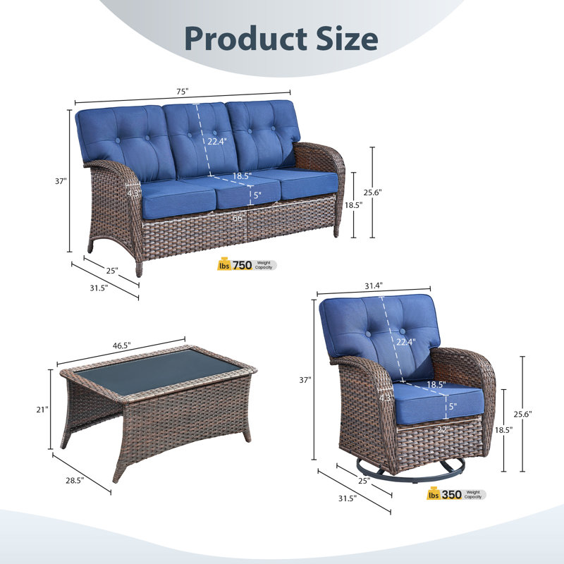 Ensemble de meubles de patio 6 pièces, ensemble de sièges d'extérieur toutes saisons avec chaises pivotantes, Bleu