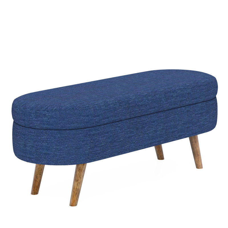 Banc de rangement ovale 43,5 po x 16 po x 16 po, teinte bleue, pieds en bois d'hévéa, fonctionnalité de tabouret ou de siège, option, assemblage facile, ornement en tissu plissé et look exotique au choix, décoration simple et rapide -