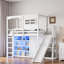 Lit mezzanine en bois avec garde-robe, tablettes de rangement, glissoire et éclairage à DEL