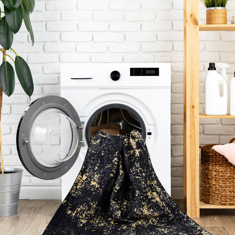4' X 6' Washable Rug, Non-Slip For Bedroom, Living Room, Kitchen, Dining Room - Black + Gold Seal 4X6 Area Low-Pile And Touch