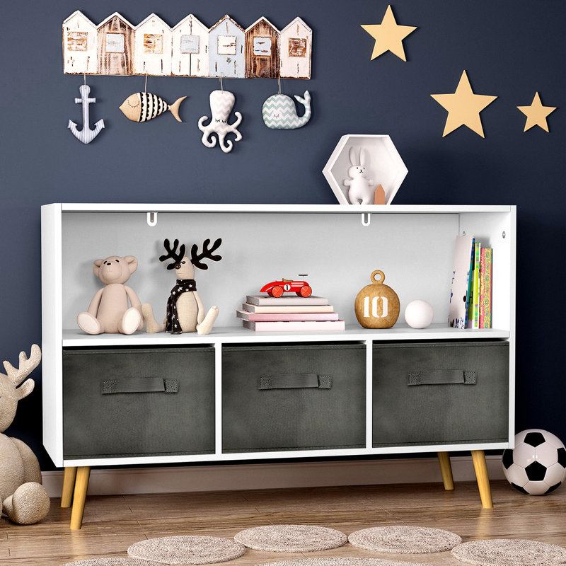 Bibliothèque avec tiroirs pliables en tissu, Blanc / Gris