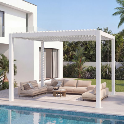Pergola extérieure Erommy 10 'x 10' avec toit à persiennes réglable et drainage intégré, pergola à persiennes en métal robuste pour patio, blanc