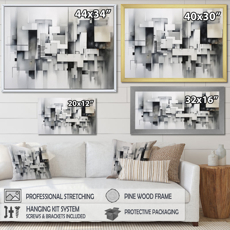 Impression sur toile gris abstrait Zen II - Minimalisme, Cadre simple noir, H 16 po x l 32 po x P 1 po