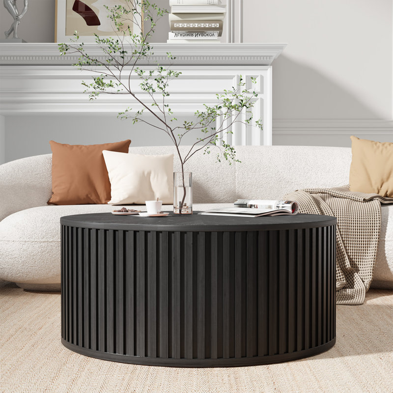 Table basse à plateau relevable avec rangement Ansel, table basse ronde en bois massif, Noir