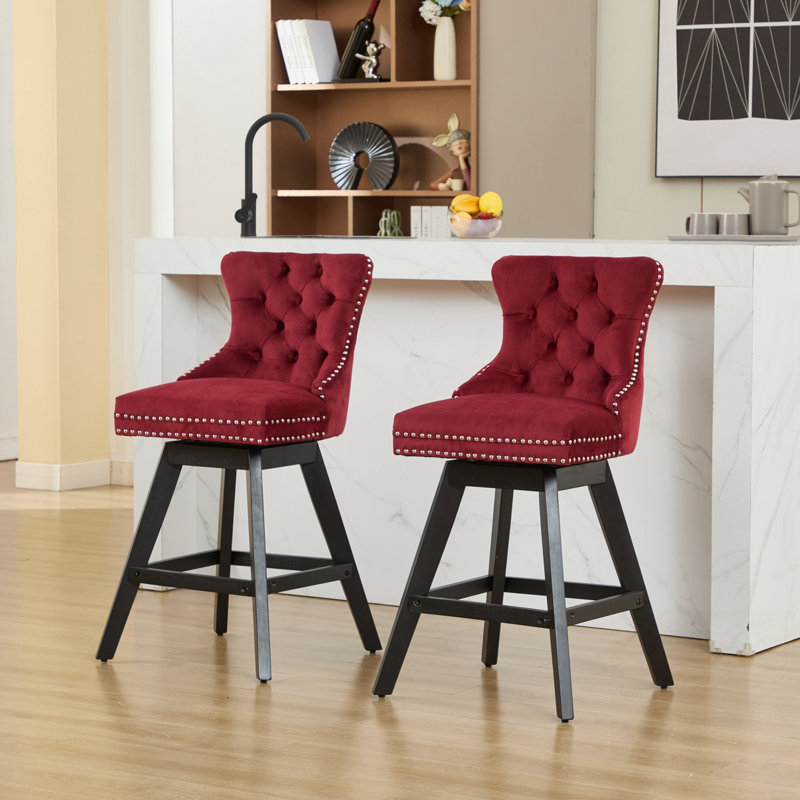 Swivel Velvet Barstools Set Of 2 With Button Tufted Decoration And Wooden Legs, Wine Red