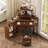 Corner Vanity Desk Set with Storage Stool, Charging Station, Glass Top and Pull-Out Cabinet-8607314
