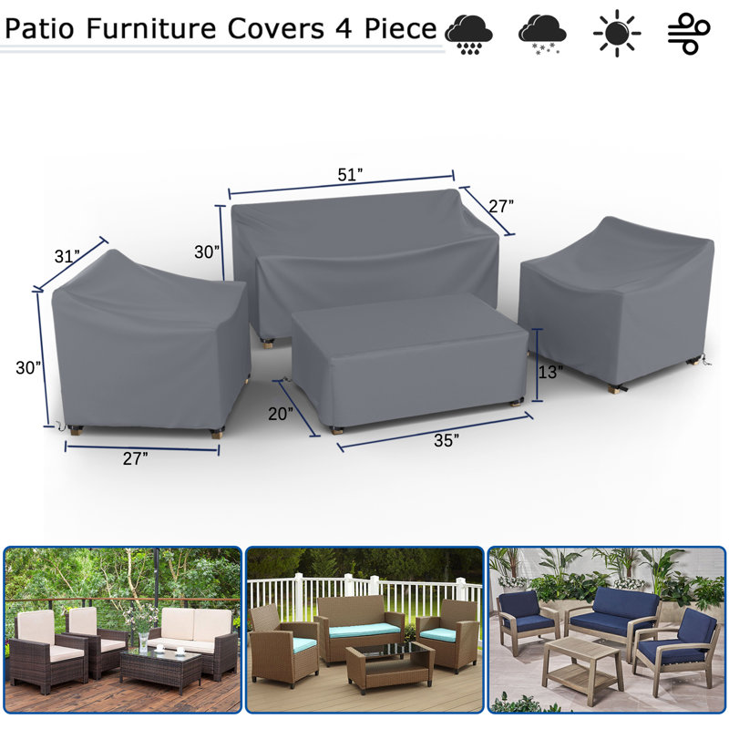 Waterproof Patio 4 Piece Set Covers for Outdoor Conversation Set, Gray, 30" H x 51" W x 27" D