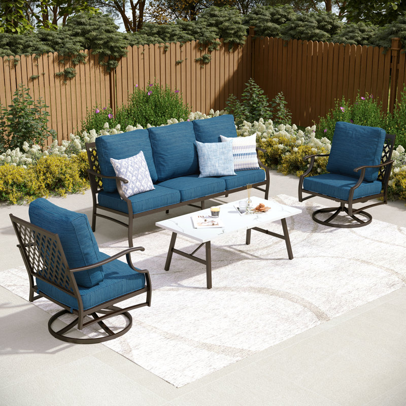 Carli 5-Person Metal Patio Conversation Set with Swivel Lounge Chairs, Cushion Pro Peacock Blue Performance, No