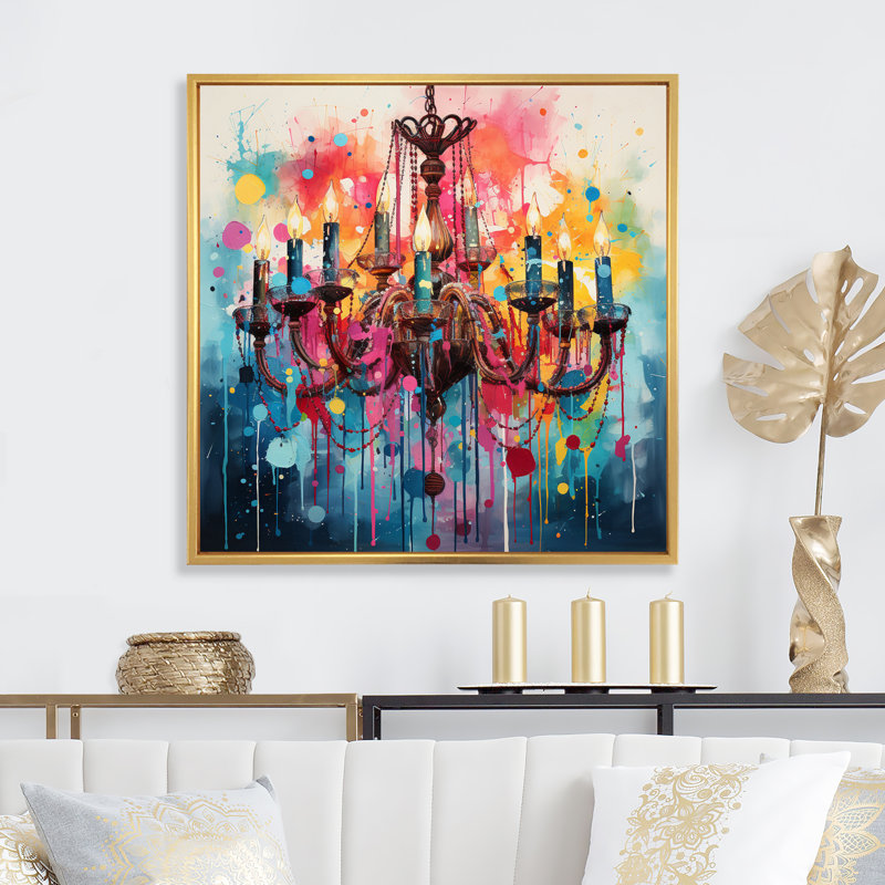 Chandelier Retro Glamour Pointillism I - Chandelier Canvas Prints, H 30 po x l 30 po x P 1 po, Cadre flottant doré