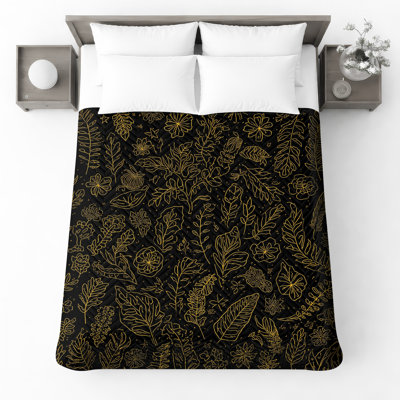 Gold Botanical Line Art Quilted Bedspread All Sizes