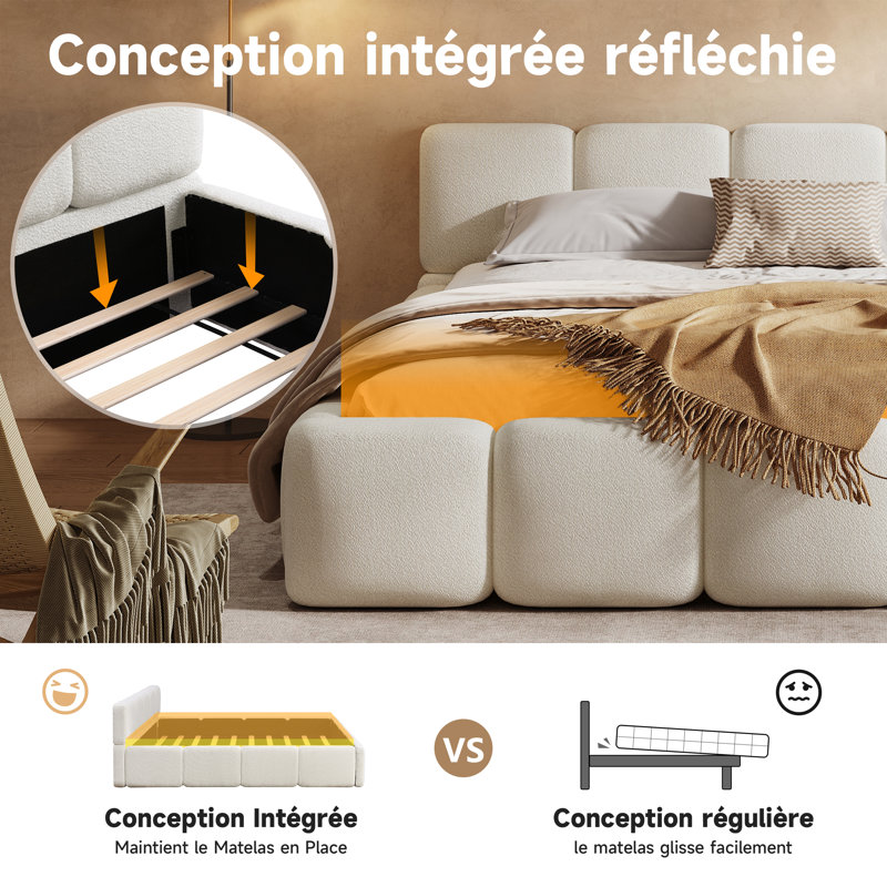 Grand lit plateforme tapissier avec tête de lit et pied de lit moelleux Boucle, Grand lit