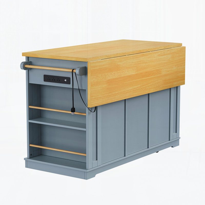 53Inch Large Kitchen Island With 2 Bar Stools, Power Outlet,Door Internal Storage Rack, Kitchen Storage Cart On 5 Wheels With Drop Leaf, 5 Open Side Racks, 3 Drawers