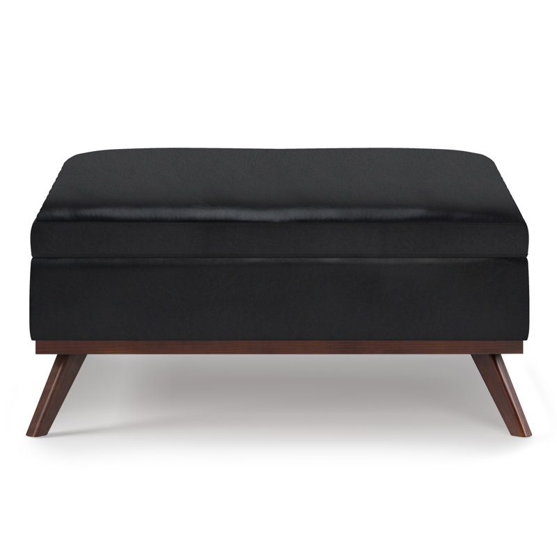 Owen 36"W Upholstered Mid-Century Modern Square Lift-Top Ottoman with Tufted Detail, Midnight Black Faux Leather