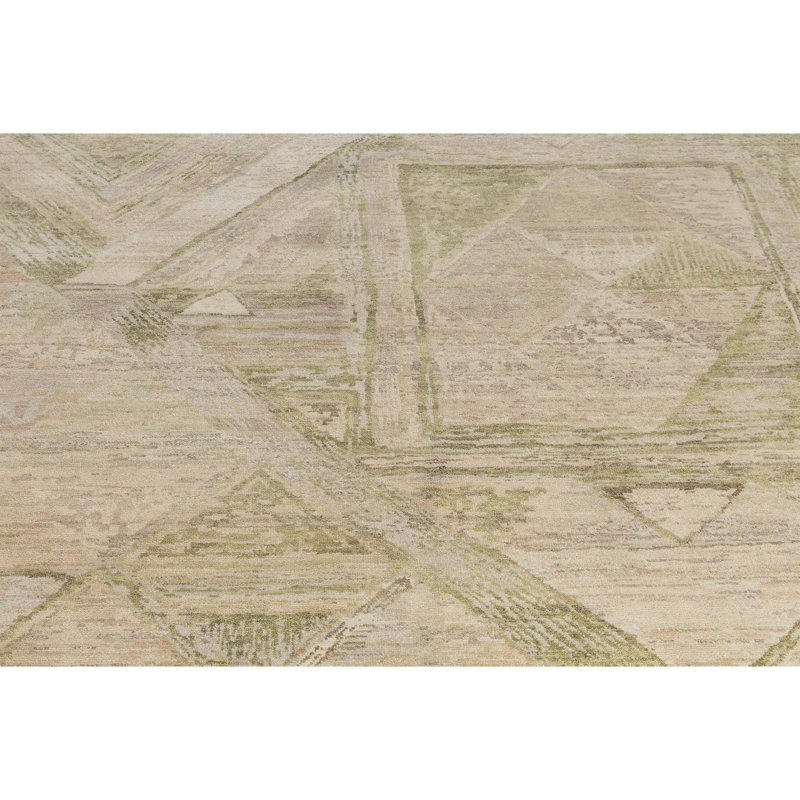 Hand Knotted Wool Abstract Area Rug in Beige/Light Green, Rectangle 12' x 15'