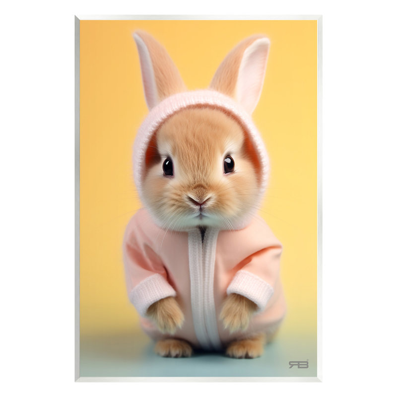 «Cozy Bunny on Yellow», art mural sur bois par RB, H 19 po x l 13 po