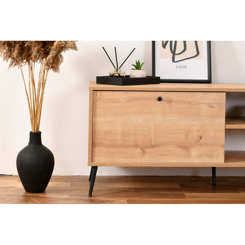 Modern TV Stand with Soft-Close Doors, Oak Finish, 70.9 x 21.7 x 15.7 inches | 100% Melamine Coated Chipboard & MDF Doors, Metal Legs | Additional Storage & Adjustable Shelves, Wall-Mountable, Scandinavian Design