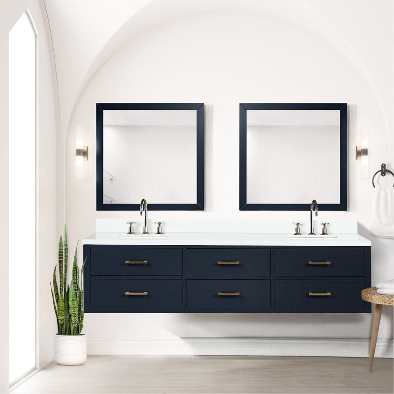 Meuble-lavabo double bleu 80 po x 22 po, comptoir en quartz, structure en bois massif, fermeture en douceur, mobilier de salle de bain