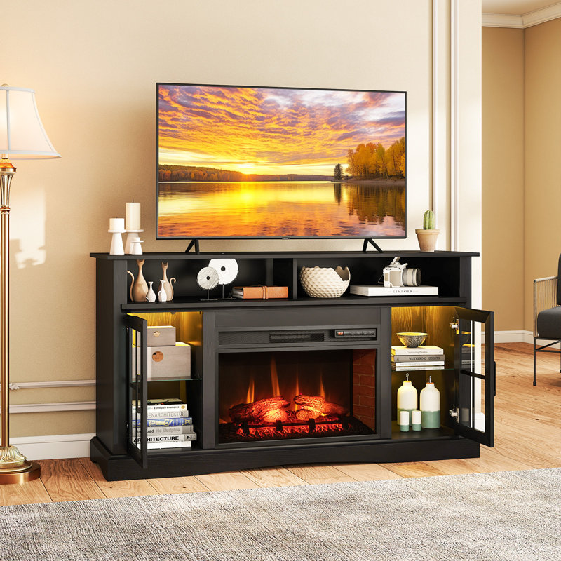 Meuble télé avec foyer et télécommandes et armoires de rangement pour thermostat , Noir