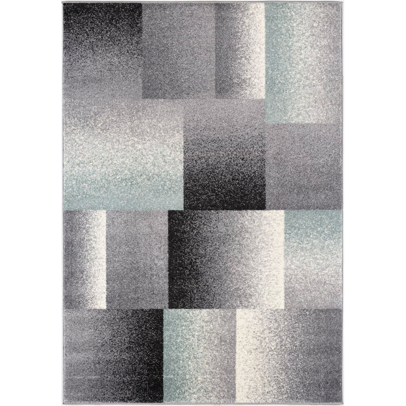 Tapis gris / bleu à motif abstrait gris / bleu 7 pi x 9 pi (6 pi 6 po x 9 po 4 po) Riwaq, Rectangle 6 pi 7 po x 9 pi 4 po