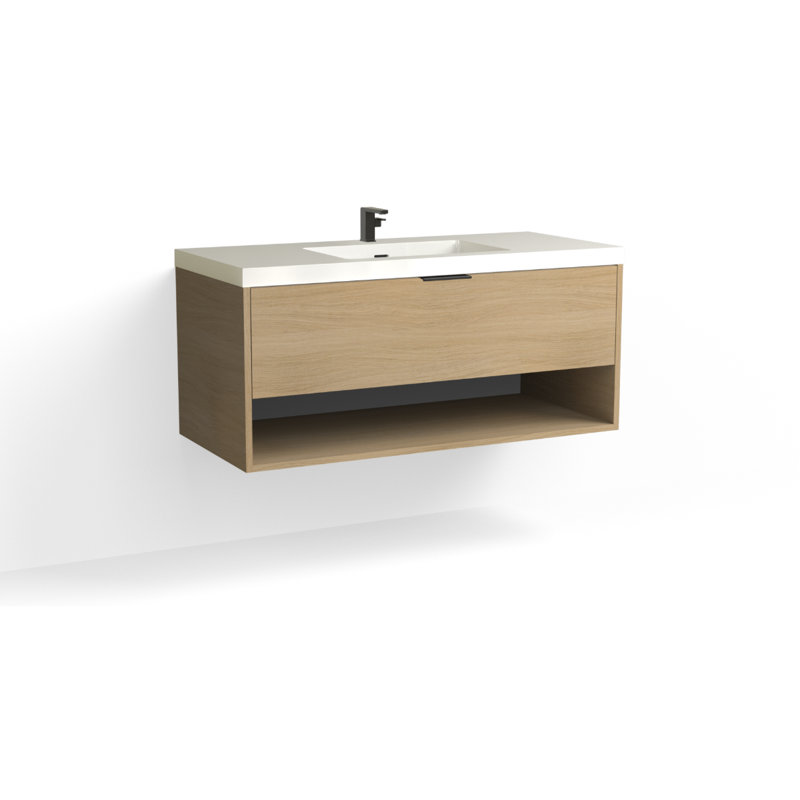 Modo 48" W Wall Mounted Single Bathroom Vanity, Glossy White/Single, White Acrylic, Satin Brass