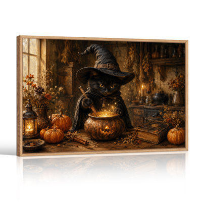 Black Cat Witch Stirring Glowing Cauldron Halloween Canvas Wall Art