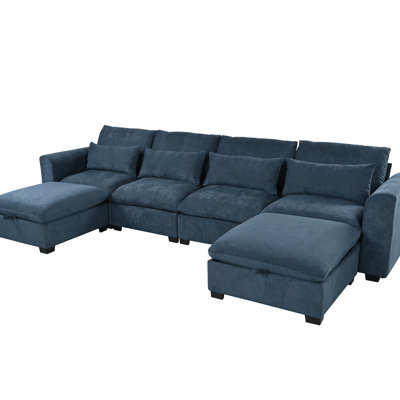 Modulaire en U avec repose-pieds avec rangement, lin bleu, l 132,3 po x H 61 po et 32,3 po, pour coin de Négociations bleues, mélange de lin