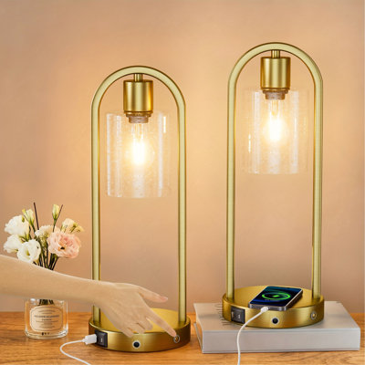 Table Lamp, Set of 2, 16", Charging Touch Control, Metal Arched, Industrial, USB Port, Seeded Glass Shade
