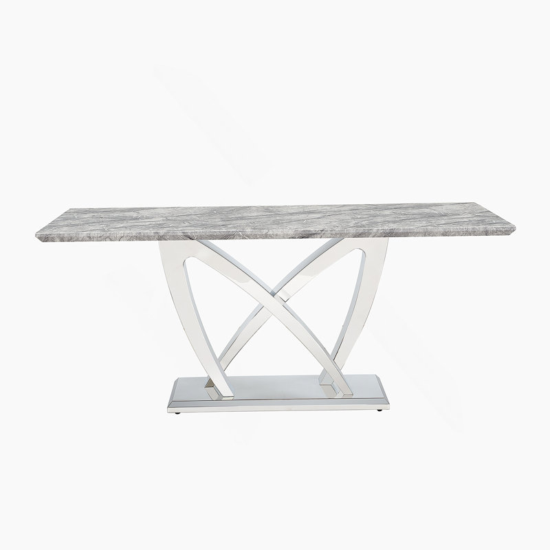 Table de salle à manger en marbre pour 6 personnes, table de salle à manger rectangulaire en faux marbre 70 po avec base en acier inoxydable à finition miroir, table de cuisine moderne en marbre de grande taille (argent, gris)