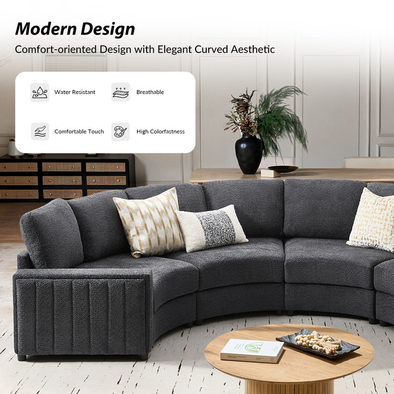 Grandon 138" Modern Modular Curved Sectional Sofa without Ottoman, Gray Polyester