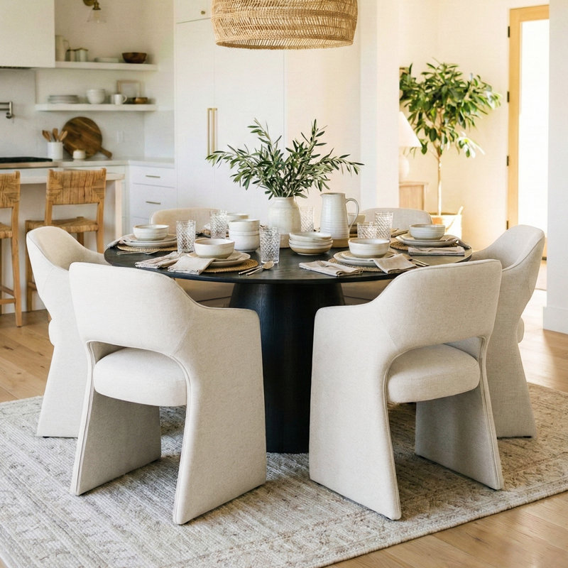 6 - Person Dining Table Sets With Round Table & 6 Upholstered Waterproof Chairs, Beige, Black