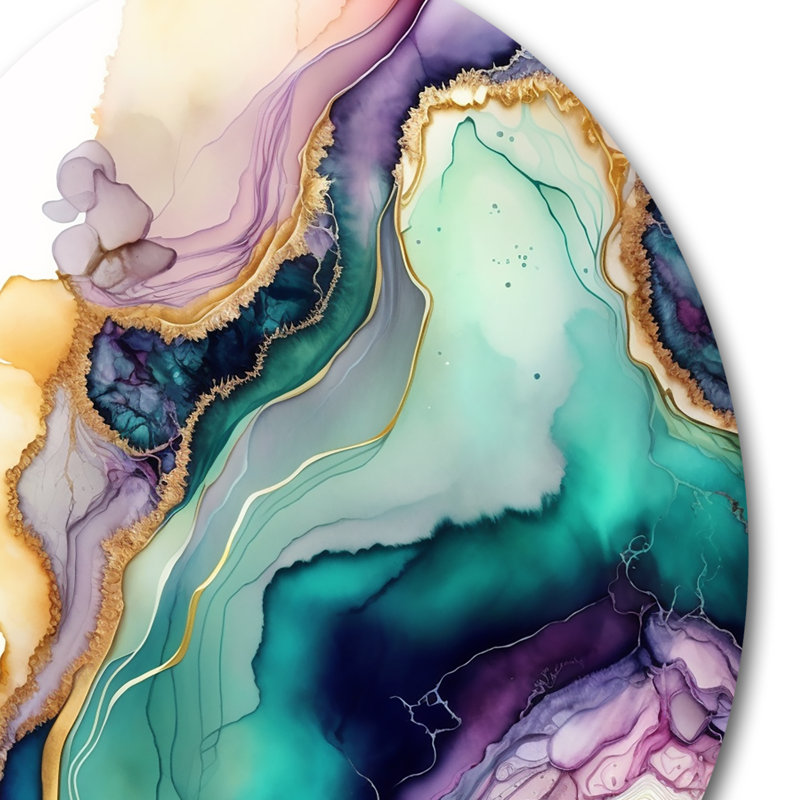 «Green Green Abstract Geode», art mural rond en marbre abstrait sur métal, H 36 po x l 36 po x P 1 po