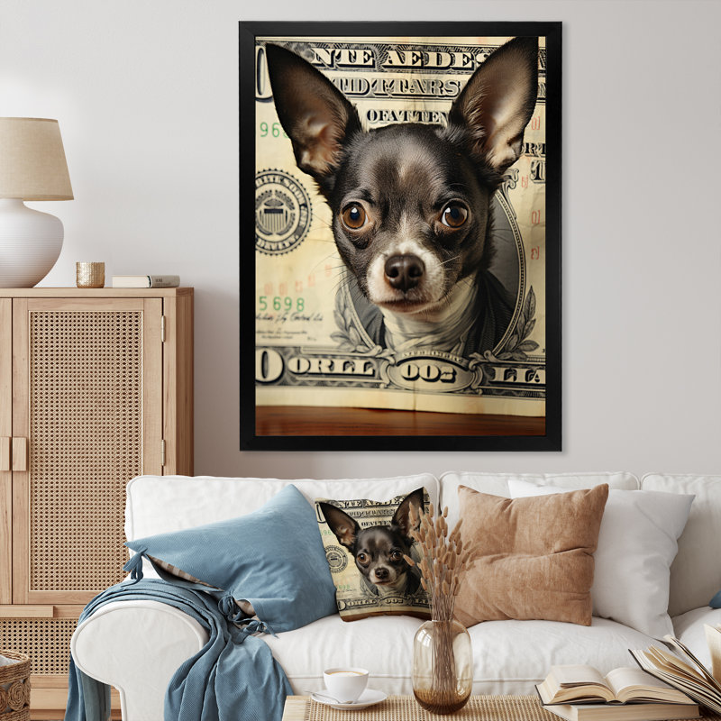 «Little Dog on Dollar Bill» - Impression, H 32 po x l 24 po x P 1 po, Cadre simple noir
