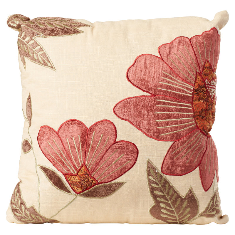 Beige and Red Floral Embroidered Cotton Velvet Throw Pillow