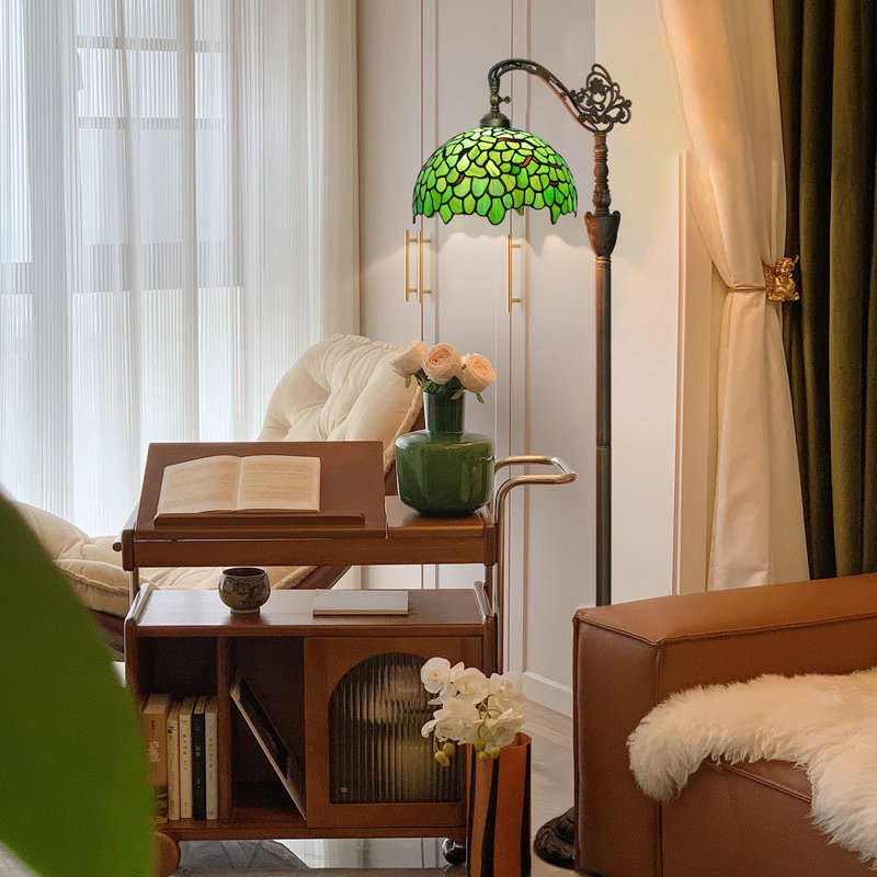63"H Tiffany Style Floor Lamp with Stained Glass Shade and Resin Basee, Green Leaf Pattern