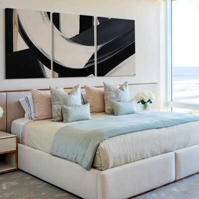 3 Pieces Exculisive Black Ivory and Beige Gestural Abstract Large Wall Art Modern Panorama Canvas, Canvas Decor for Living Room, Bedroom and Office