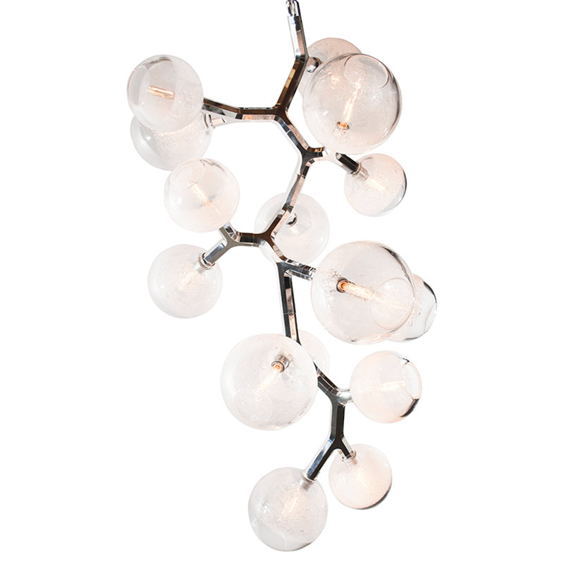 Lustre suspendu en bois clair, Nickel satiné, Verre transparent transparent, 60” Tall x 34” Width x 34” Depth