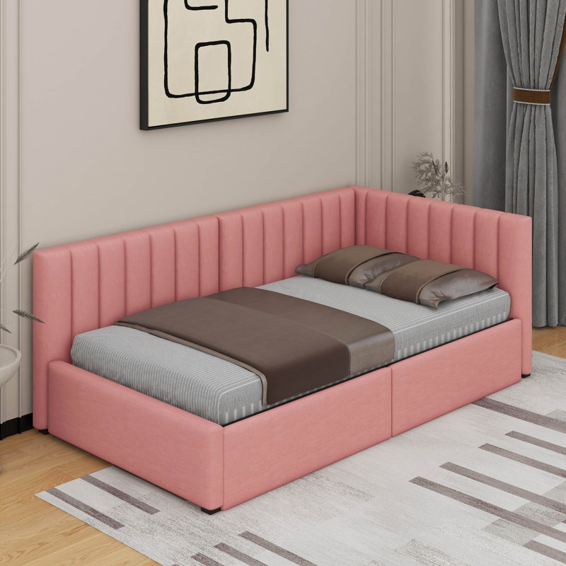 Lit de jour simple tapissier avec 2 tiroirs, Rose