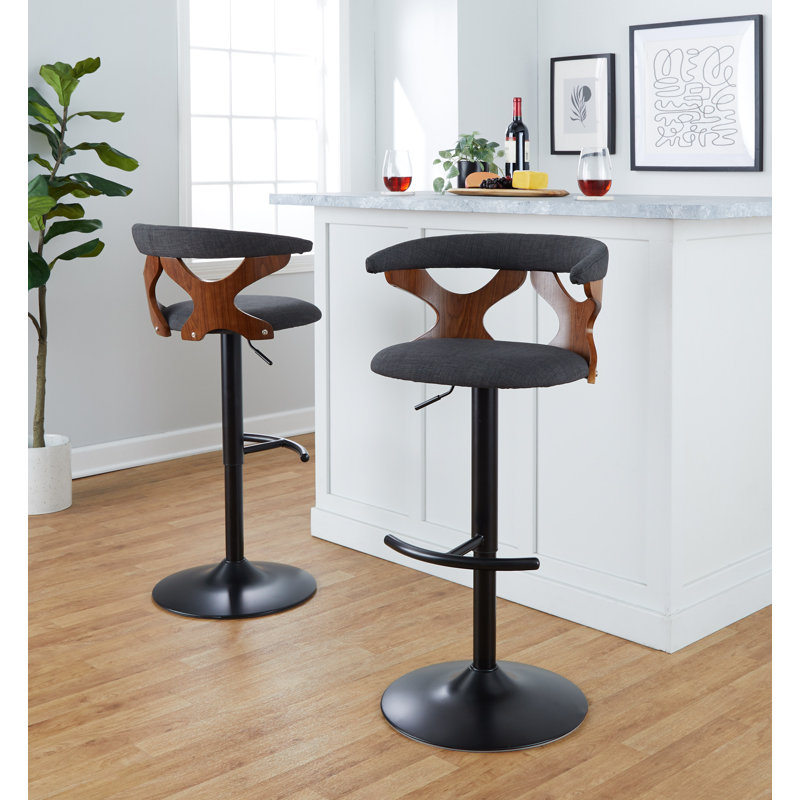 Laquietta Adjustable Height Bar Stools with Rounded T Footrest, Black/Walnut, Charcoal