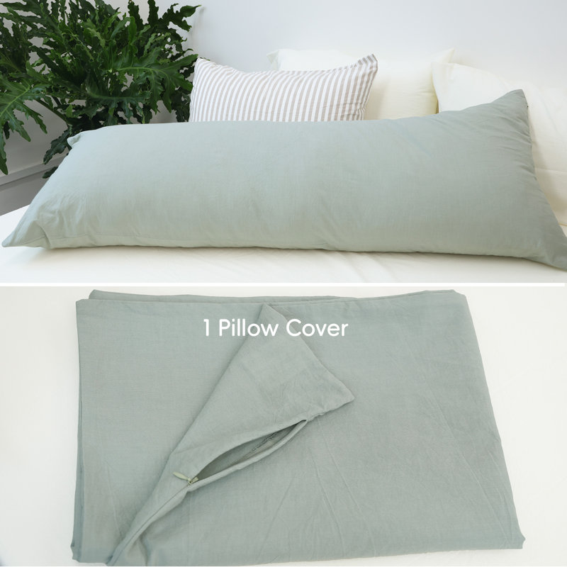 Moomee Body Pillow Cover 100% Washed Cotton Soft Breathable, Sage Green