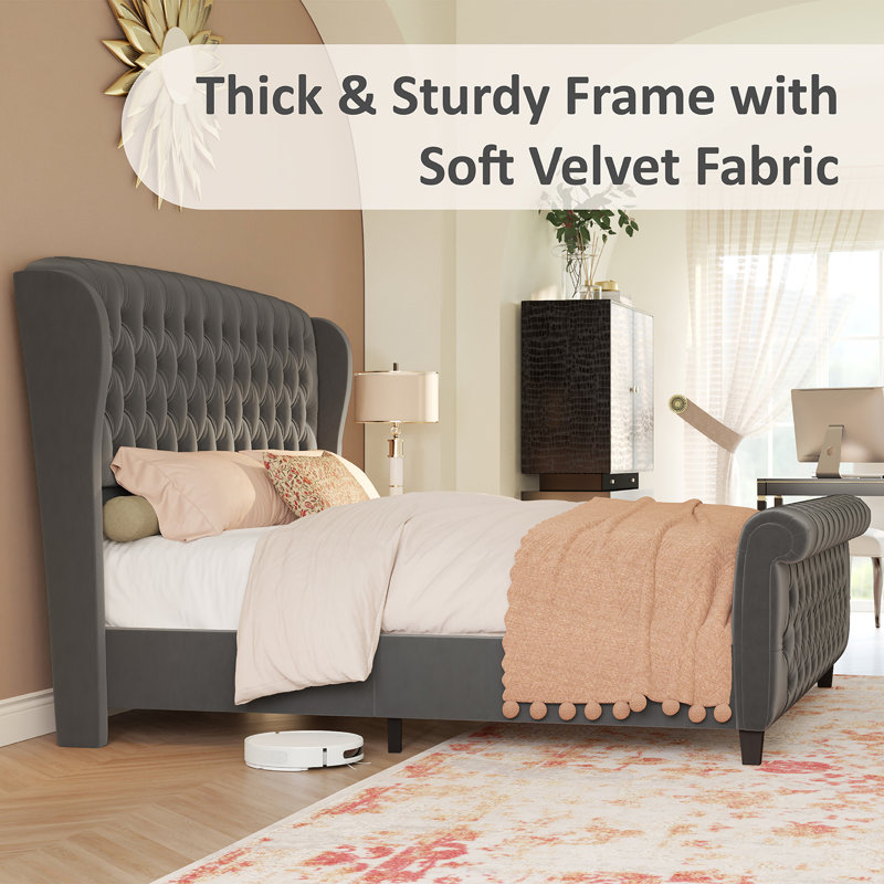 Gray Velvet Queen Platform Bed with Tufted Headboard and Footboard
